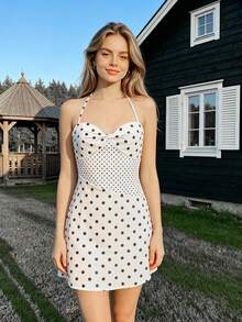 Women's Halter Neck Mini Dress Summer Fashionable Dot Print Sleeveless Backless Spaghetti Strap Dress - Blanco - Ver 6
