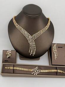 Luxury 4-Piece Jewelry Set: White Zirconia Necklace, Earrings, Ring, Bracelet, Elegant Bridal Jewelry Set For Wedding, Party, Mother's Day Luxury Gift - Gold - View 3