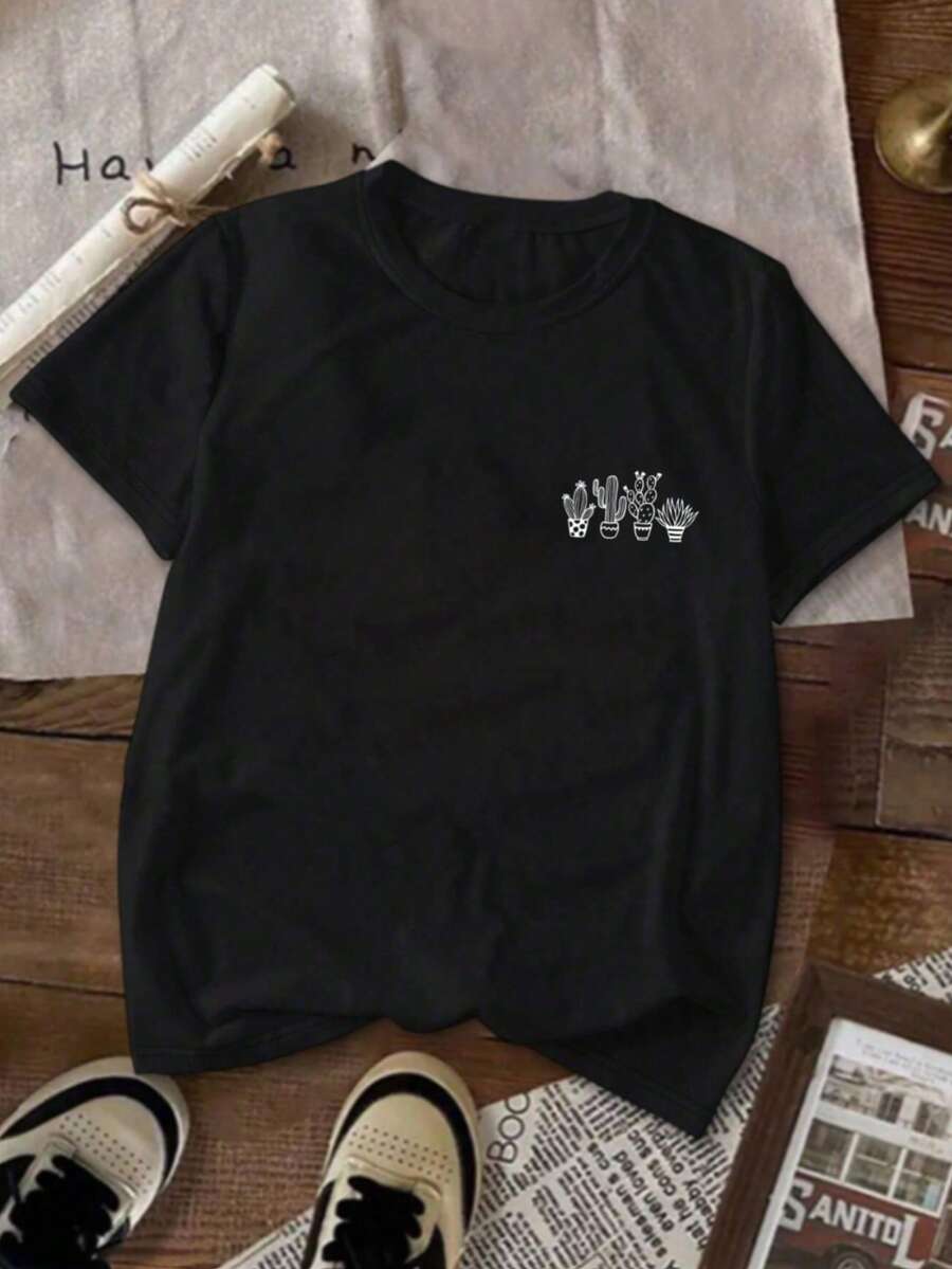 Mujer 002 
Camiseta de manga corta con estampado de cactus para uso diario y estilo casual ropa de mujer - Negro - Ver 1