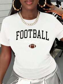 1 Piece "Football Mama" T-Shirt For Women, Casual, Short Sleeve, Graphic Print, For Football Fans, Gift For Mom, White, 180g, 100% Soft Cotton. - 白色 - 查看 2