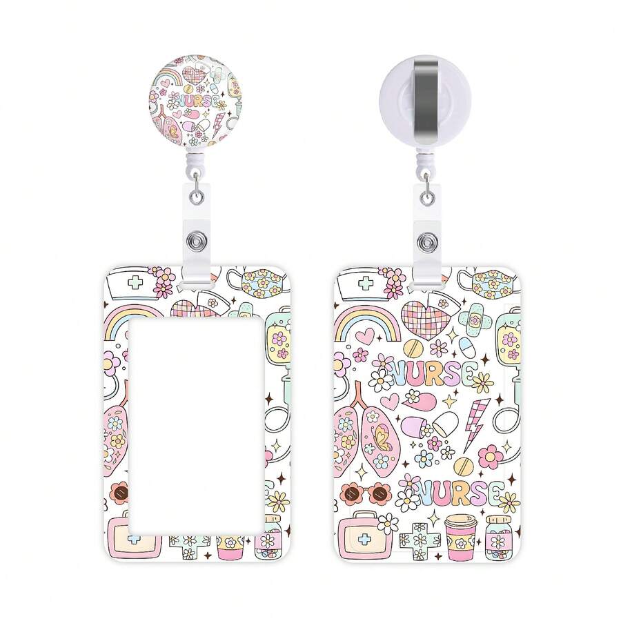 1pc Cute Nurse Print ID Badge Holder With Retractable Badge Reel, Kawaii Medical Themed Card Protector For RN, LPN, CNA, Nurses And Medical Students, Office Staff Work Accessories - Rectangle - View 1