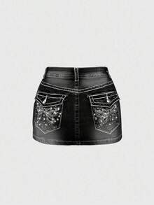 J-Fashion Minifalda de mezclilla con bordado de mariposa, cintura baja, ajustable y de color contrastante, estilo vintage Y2K para mujeres - Negro - Ver 1