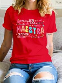 1 Piece Fashion Casual For Men And WomenPlayera camiseta básica mujer dama cuello redondo manga corta estampado GRAFICO DE LETRAS MAESTRA ENSEÑADORA TEACHER GRAPHIC |   Textura Suave Fortiz es versátil, fácil de combinar, adecuada para el uso diario, el estilo urbano, los conjuntos de vacaciones y la ropa de fin de semana. - Rojo - Ver 1