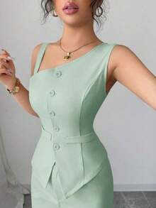 Conjunto de chaleco sin mangas y pantalones rectos para mujer, con tirantes, cierre de botones, para primavera/verano - verde menta - Ver 3
