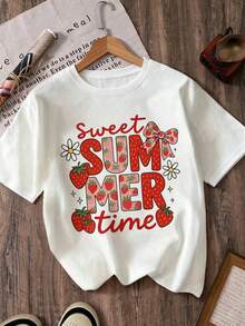 Summer Fruit T-Shirt, Strawberry T-Shirt, Women's T-Shirt With The Phrase "Good Times", Women's T-Shirt With Strawberry Print, Breathable And Comfortable. - 白色 2 - 查看 7