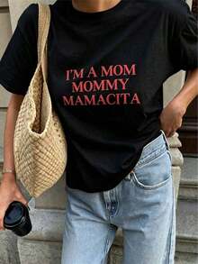 Camiseta "Soy Mamá, Mommy, Mamacita" - Camiseta "Mom Life", Camiseta con Frase Divertida, Equipo de Mamás, Camisetas Oversize para Mujer, Regalo para el Día de la Madre, Camiseta Casual Lavable a Máquina para Vacaciones, Ropa Urbana y Deportiva - Negro - Ver 4