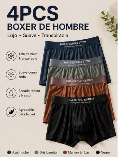 Set de 4 Bóxers de Seda Fría para Hombre, Disponibles en Varias Tallas, Tela Suave y Transpirable que Evita la Sudoración, Cintura con Estampado, Cómodos sin Apretar, Colores Azul Nocturno/Gris Bambú/Marrón/ Negro, Ideales para Uso Diario y Deportivo, Ropa Interior para Hombres.
