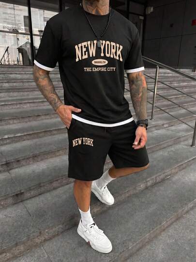  Conjunto de camiseta de cuello redondo con ribete de contraste negro y blanco, y pantalones cortos con cordón para hombre FRACTYR, conjunto deportivo y casual de verano de 2 piezas, cómodo y transpirable, adecuado para el uso en verano