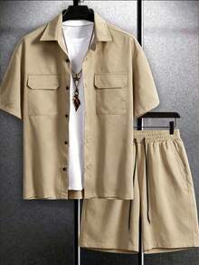 Men's Black Utility Style Short Sleeve Shirt And Drawstring Cargo Shorts 2-Piece Set, Street Style With Label Details - Khaki - View 5