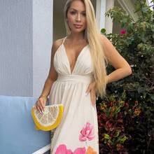 Women's Floral Print Deep V Neck Backless Dress For Summer Vacation & Beach, Women Casual Dress, Women Birthday Outfit,Vacation Style,For Beach Vacation,Bohemian Clothes, Women Dresses Birthday Vacation Dress - Beis - Ver 7