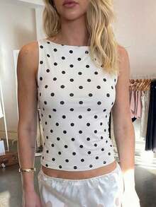 Blusa sin mangas de lunares para mujer, casual, sexy y de moda, adecuada para la calle, fiestas y salir de noche en verano, color blanco - Blanco - Ver 3