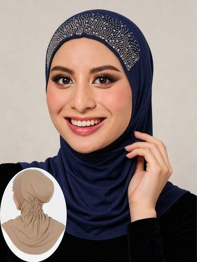 1pc Women's Shiny Rhinestone Undercap, Muslim Solid Color Hijab Cap