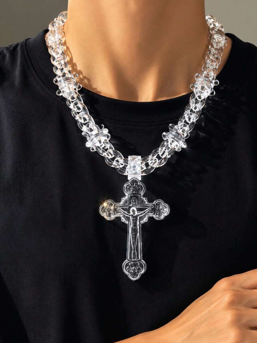 1pc Fashionable Punk Street Hip Hop Style Unique Acrylic Thorn Cross Transparent Necklace, Suitable For Men's Daily Wear, Festivals And Parties - Multicolor - View 1