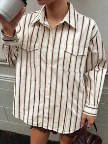 Camisa casual y holgada con rayas de efecto de dos piezas para mujer - Caqui - Ver 5