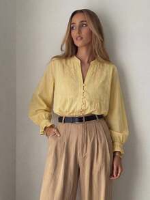 HH Blusa casual de mujer con bordado floral elegante y manga larga calada, primavera/verano - Amarillo - Ver 3