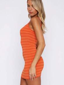 Stripe Knit Dress for Women Spaghetti Strap Mini Dresses Sleeveless Bodycon Dress for Beach Vacation - Naranja - Ver 4