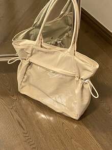 1pc Fashionable Casual Reversible Nylon Drawstring Transparent Badge Decor Large Capacity Shoulder Bag, Suitable For Daily, Commuting, Party, Holiday Gift For Women - Multicolor - View 16