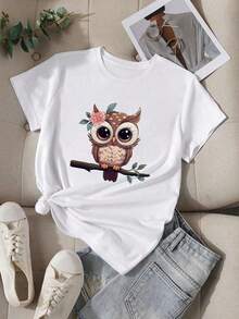 Camiseta de mujer con estampado de búho, cuello redondo, manga corta, moderna y casual para deportes y tenis.Transpirable y no provoca sudoración, suave y lisa, con una sensación de calidad.Adecuada para deportes y fitness, uso diario, vacaciones, oficina, escuela, fiestas y otras ocasiones diversas. - Blanco - Ver 1