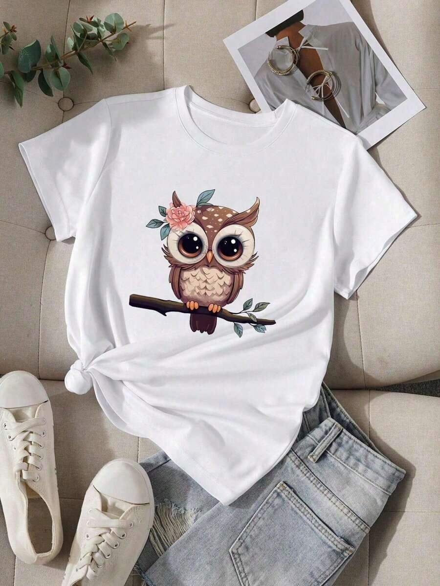 Camiseta de mujer con estampado de búho, cuello redondo, manga corta, moderna y casual para deportes y tenis.Transpirable y no provoca sudoración, suave y lisa, con una sensación de calidad.Adecuada para deportes y fitness, uso diario, vacaciones, oficina, escuela, fiestas y otras ocasiones diversas. - Blanco - Ver 1