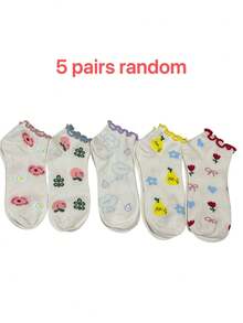 5 pares de calcetines de tobillo casuales y deportivos con adornos de encaje, moños, corazones y flores de melocotón de media pantorrilla de colores aleatorios - Multicolor - Ver 8
