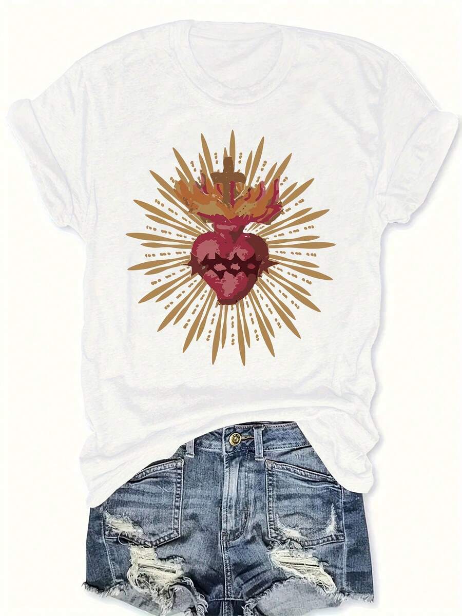 Women's Plus Size Geometric Heart And Sunburst Print T-Shirt - Casual Short Sleeve Crew Neck Top, Breathable Summer And Spring Tee, Machine Washable, Comfortable Clothing, Artistic Graphic Tee, Related T-Shirt - 白色 - 查看 1