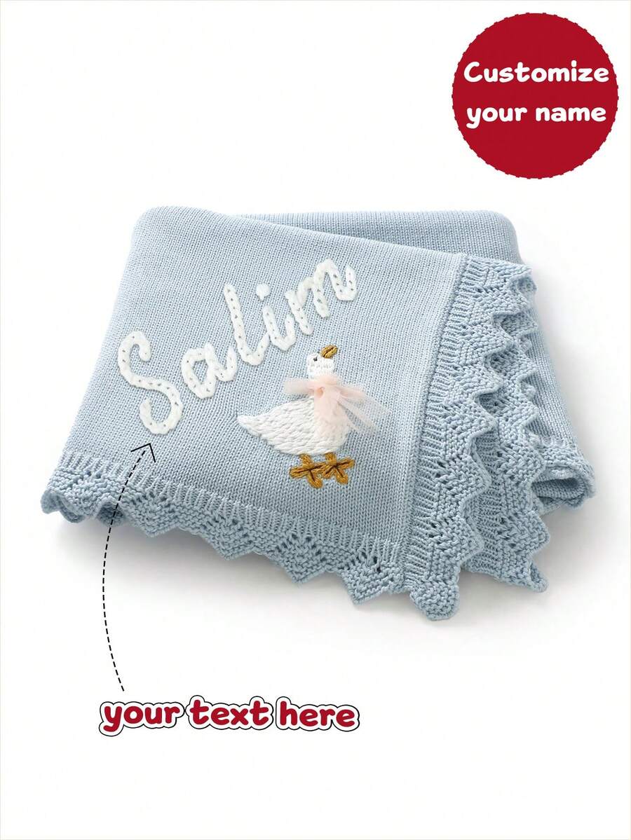 1件可客製化手工刺繡嬰兒針織毯,精緻小鴨刺繡,荷葉邊設計,舒適簡約兒童毯 - 淺藍 - 查看 1