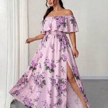 Elenzya Plus Size Women's Spring/Summer New Arrival Floral Print Dress, Off Shoulder Ruffle Romantic Sexy Waist Pleated Maxi Dress, Suitable For Romantic Vacation, Dates, Travel, Urban Outings, Music Festivals, And Romantic Occasions - Multicolor - Ver 7