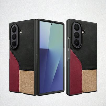 VIETAO 时尚拼接仿皮手机壳，兼容三星 Galaxy Z Fold 5/6/7，带钢化玻璃屏幕保护膜