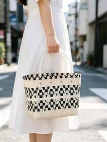 Latest Popular Color Block Woven Tote Bag: Large Capacity, Lightweight, And Versatile - A Must-Have Accessory For Women's Beach Vacations, Breathable Dog Basket, Handmade Texture Gift, Practical And Suitable For Multiple Occasions - 白貓熊 - 查看 4