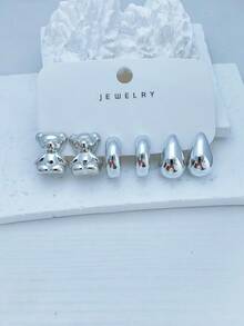 6-18pcs Silver-Tone Women's Fashion Hoop Earrings/Stud Earrings Set, Including Seashell, Teddy Bear, Teardrop, C-Shaped Hoops, Ball Studs Designs, Summer Chic Silver Tone, Great Gift For Graduation/Vacation Season For Friends, Lovers, Classmates - Silver - View 9