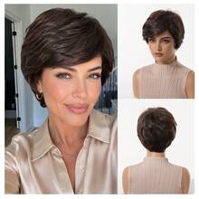 Short Bob Wig, Human Hair Blend, Brown Wig With Bangs, Pixie Cut Wig, Natural Looking Wig, Lightweight Wig, Glueless Short Wig, Mature Women Wig, Daily Use Wig, Bionic Scalp, Breathable Cap - Brown - View 10