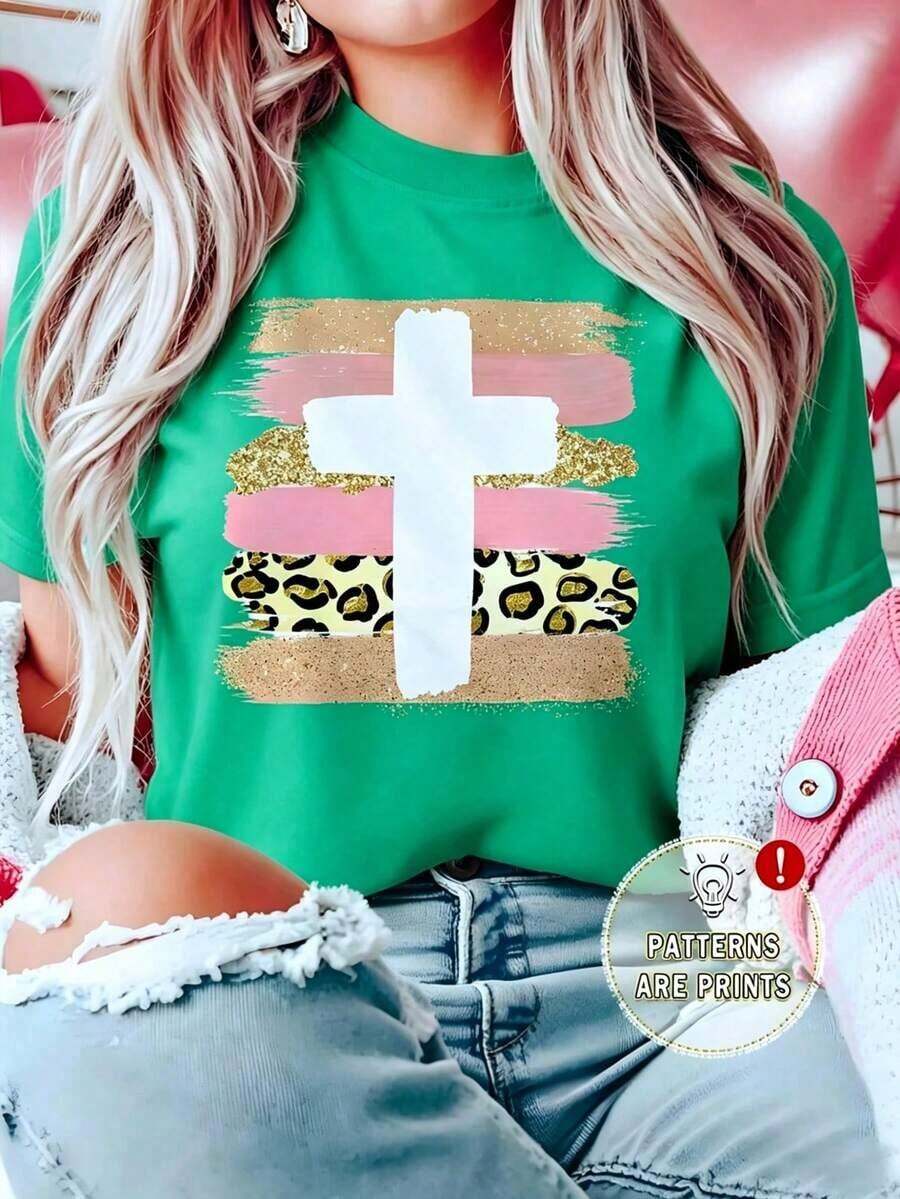 Soft White T-Shirt For Women With Leopard Print Cross And Glitter, Aesthetic Faith Design Short Sleeve T-Shirt, Modern Spiritual Animal Print Top, Fashionable Casual Blouse With Mixed Textures, Elegant Blouses For Women - 綠色的 - 查看 1
