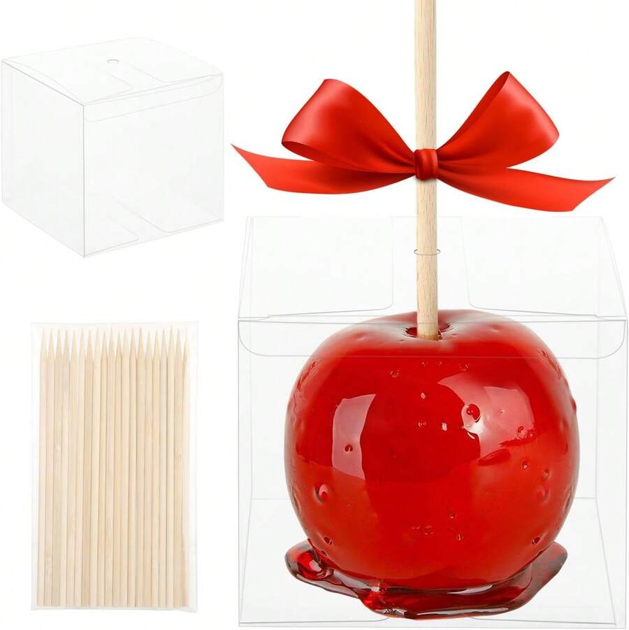 Wizia 20 Pack Candy Boxes With Sticks, 4x4x4 Inch Plastic Containers Caramel Apples Cake Pops Cookies Chocolates, Party Favors, Holiday Treats, Homemade Desserts - 1 - View 1