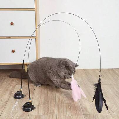 Suction Cup Cat Teaser Wand, Available In Regular And Heavy Duty Suction Cup Versions (Recommend Heavy Duty For Better Grip). Cat Toy, Boredom Relief Toy, Suction Cup Cat Toy, Small Dog Toy, Bite Resistant, Replaceable Suction Cup Head, Designed For Cats, Releases Natural Instincts, Durable, Stable Base.