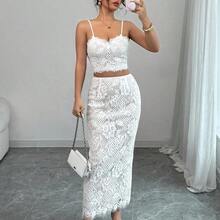 2pcs/Set Women Lace Solid Color Spaghetti Strap Lace Trim Patchwork Open Back Slit Holiday Party Elegant Glamourous Sexy Bohemian Style Vacation Summer Sleeveless Top & Skirt Set - Blanco - Ver 5