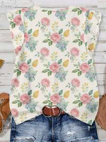 Blusa casual con cuello en V, estampado floral y volante en el bajo, adecuada para el verano - Multicolor 8 - Ver 2