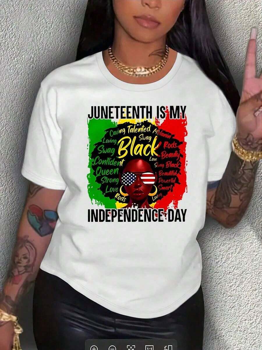 Camiseta 100% para Mujer del Día de la Independencia de Juneteenth - Camiseta de Celebración del Orgullo Afroamericano con Texto de Juneteenth y Gráficos Rojos, Camiseta Casual de Cuello Redondo para Conjuntos de Fiesta de Juneteenth, Ropa de Verano para Uso Diario - Regalo Ideal para Mujeres, Conjuntos de Verano, Camisas, Camisetas para Mujer, Playeras, Playeras de Mujer, Vintage, Ropa de Pascua para Mujer, Día de la Madre, Camiseta de Algodón - Blanco - Ver 1