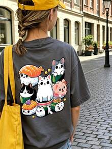 1pc Tween Girls' Sushi Print Short Sleeve T-Shirt, Student Youth Clothing, Summer Top For Kids - Dark Grey - View 2