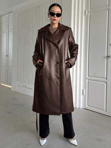 Abrigo de trinchera de piel de poliuretano con cinturón, cuello solapa y doble botonadura, estilo de moda callejera de unicolor para mujer, chaqueta de mujer de otoño, ropa de mujer de otoño - Óxido marrón - Ver 6