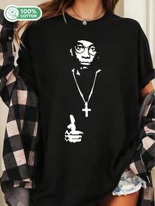 Black Hip Hop Rapper Cross Necklace Silhouette Unisex Cotton T-Shirt Minimalist Streetwear Graphic Tee - Black - View 6