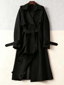 Abrigo de mujer versátil y elegante para otoño/invierno, abrigo largo de trench casual y de moda para ir al trabajo, abrigo midi de estilo británico para primavera - Negro - Ver 8