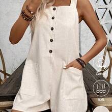 Women's Solid Color Casual Vacation Style Jumpsuit With Single Button Closure, Summer For New Year Clothes - Caqui - Ver 2