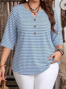 Blusa de estilo minimalista casual con mangas cortas y patrón de rayas marrones, adecuada para primavera/verano - Multicolor - Ver 5