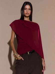Blusa de punto con cuello anudado y hombro asimétrico, suéter elegante y ajustado, otoño/invierno - Burdeos - Ver 6