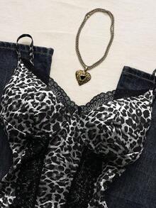 Top de camisola con parches de encaje y estampado de leopardo sexy para vacaciones de verano - Blanco y Negro - Ver 7