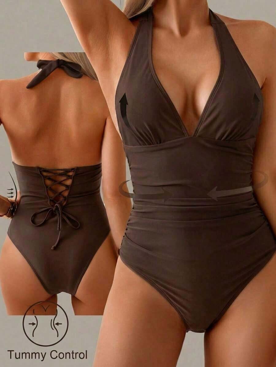 Traje de baño de una pieza con control de abdomen, estilo minimalista de unicolor, con escote halter y espalda descubierta, para vacaciones de verano en la playa - Marrón - Ver 1