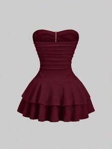 Vestido mini elegante sin tirantes de doble capa para mujer - Burdeos - Ver 2