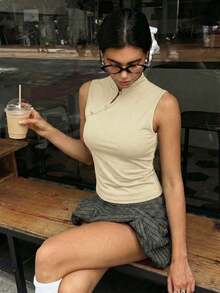 de estilo chino retro con cuello de cheongsam para mujer, top negro casual, top de pullover adecuado para vacaciones, fiestas, elegante para mujer, uso diario casual.Top negro sin mangas de cuello alto, top negro de verano - Amarillo claro - Ver 5