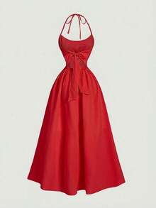 Vestido de mujer con estampado floral y cuello halter con lazo, de moda para citas y fiestas - Rojo - Ver 6