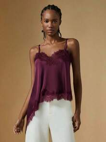 Camiseta de tirantes casual y versátil para mujer con parches de encaje, lunares y dobladillo asimétrico, elegante top de verano para mujer - Rojo violeta - Ver 1
